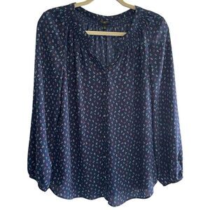 Talbots Petite Nautical Boat Anchor Print Long Sleeve Navy Blouse Top Sz Large